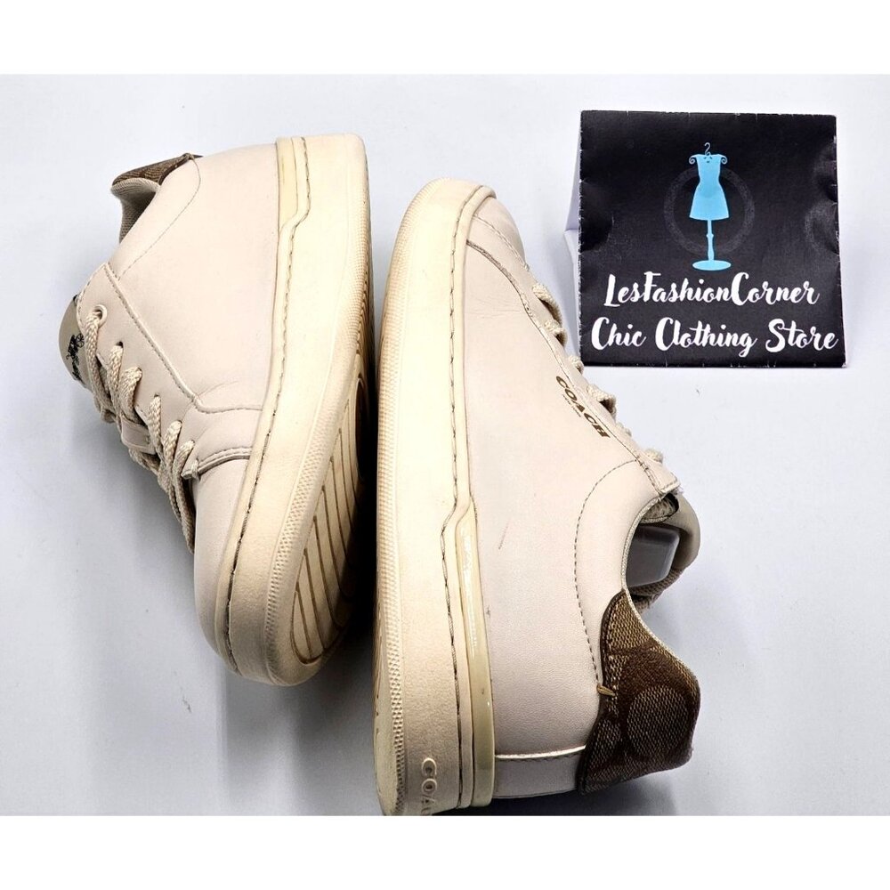 Coach Women's Beige Brown Logo Leather Clip Low-Top Sneakers Size 7.5B 2390 - Picture 14 of 16